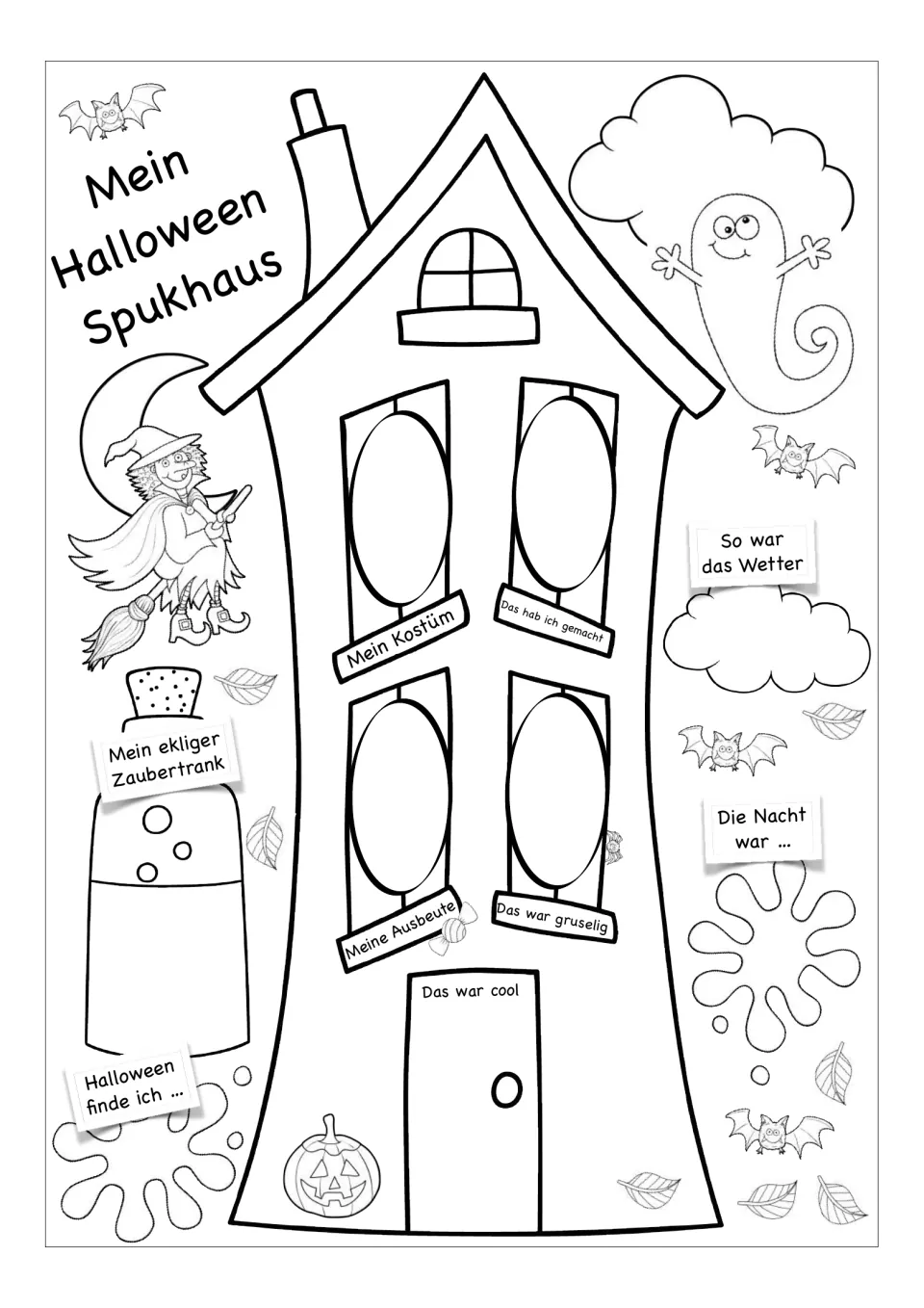Mein Halloween Spukhaus: students write about their costume, candy haul, weather and night in German prompt spaces