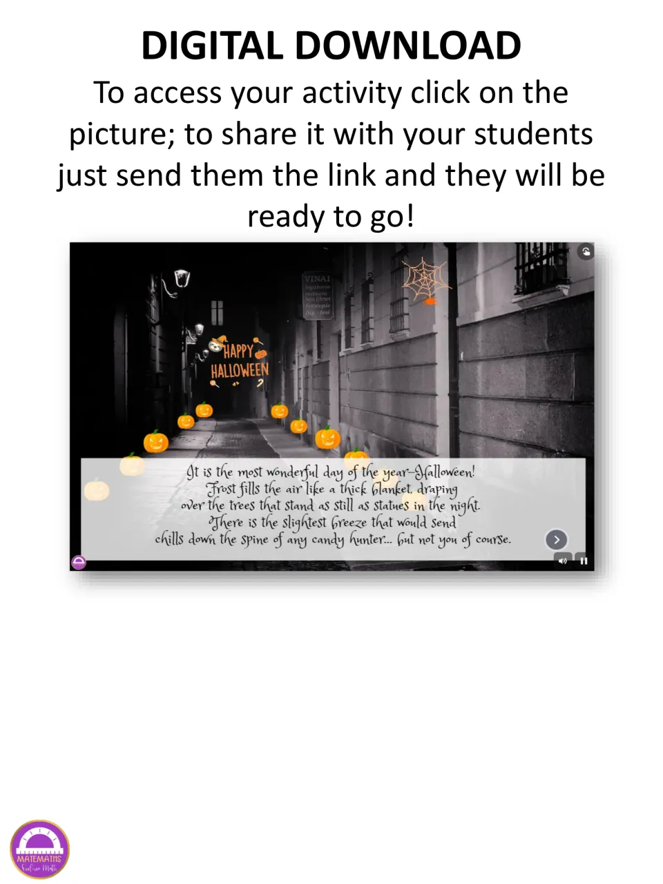 Digital escape room access instructions: click the Halloween scene to open the activity and share its link.