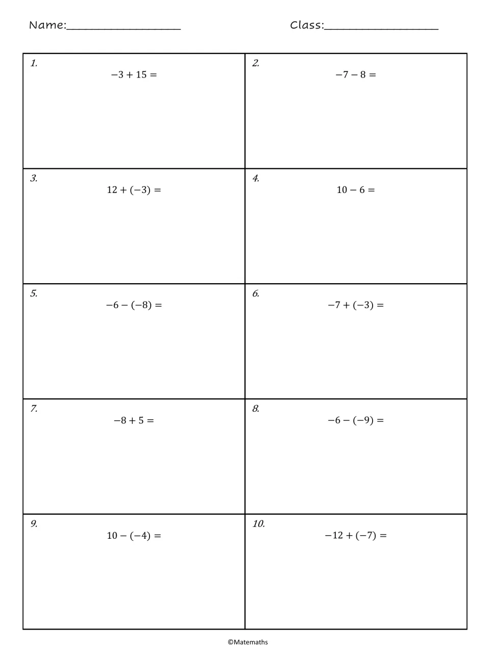 Integer operations handout, problems 1–10: addition and subtraction, including −3 + 15 and −6 − (−8).