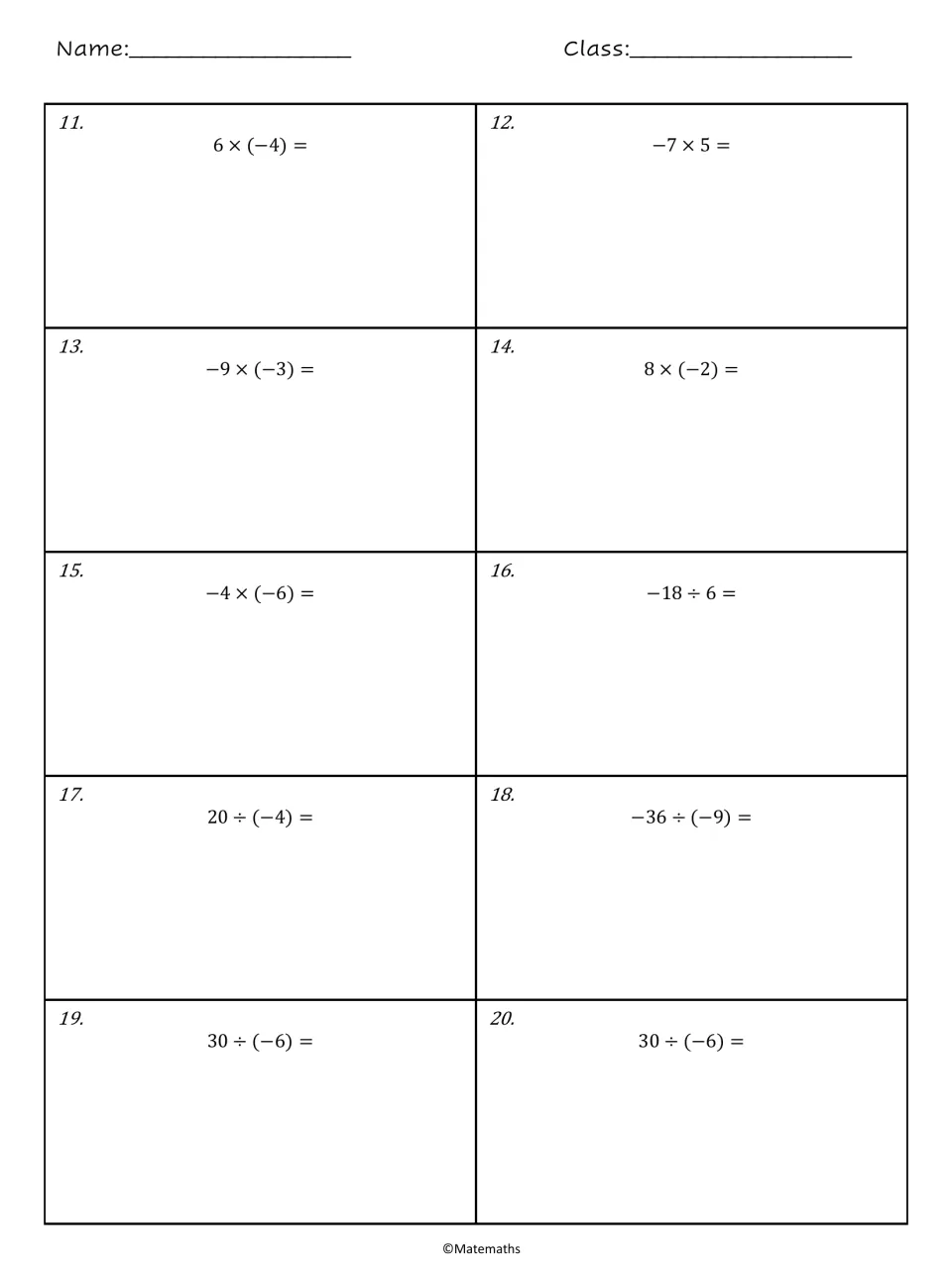 Integer operations handout, problems 11–20: multiplication and division, including 6 × (−4) and −18 ÷ 6.