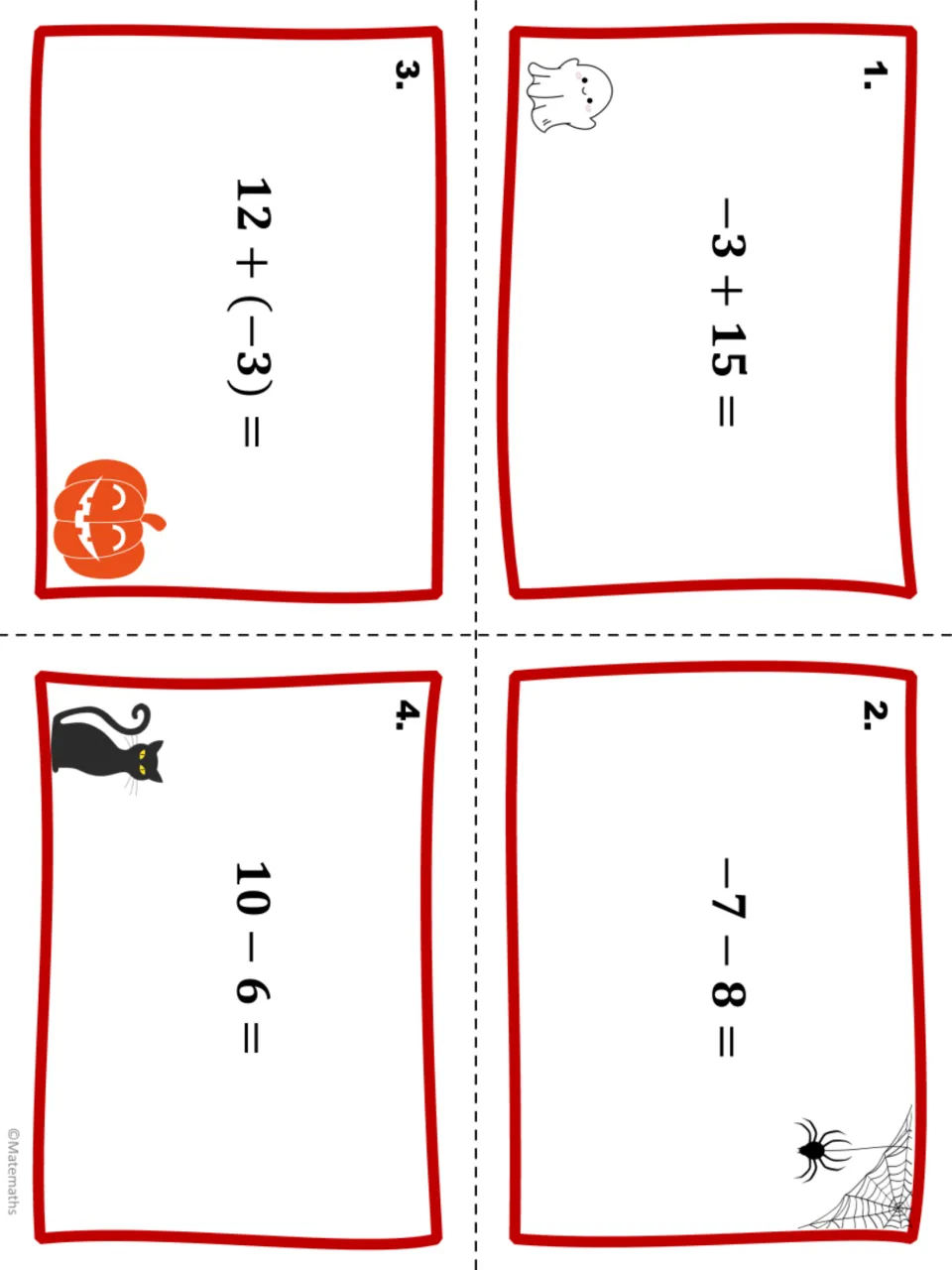 Halloween integer task cards 1–4 of 20: solve −3 + 15, −7 − 8, 12 + (−3), and 10 − 6.