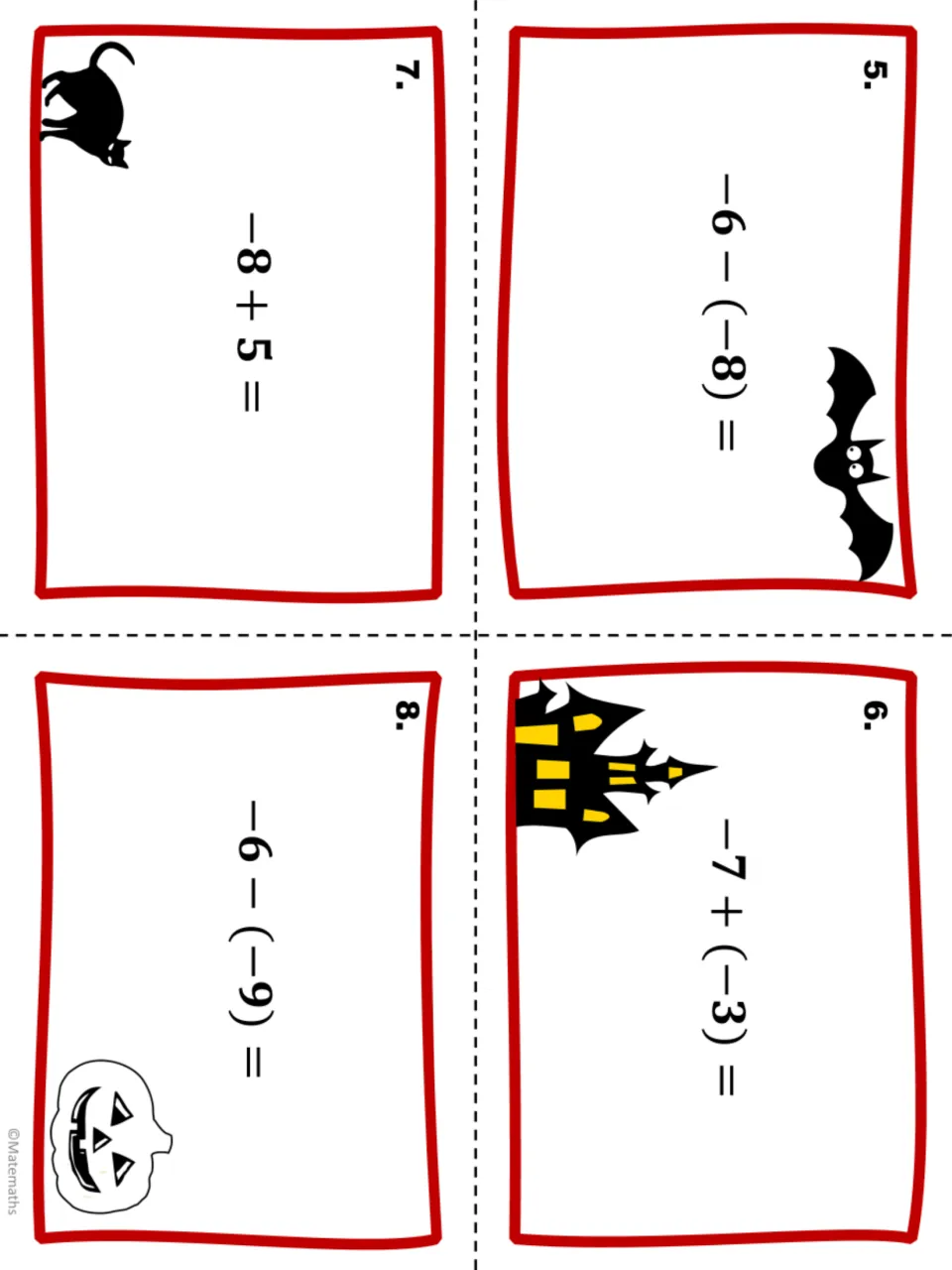 Halloween integer task cards 5–8 of 20: solve −6 − (−8), −7 + (−3), −8 + 5, and −6 − (−9).