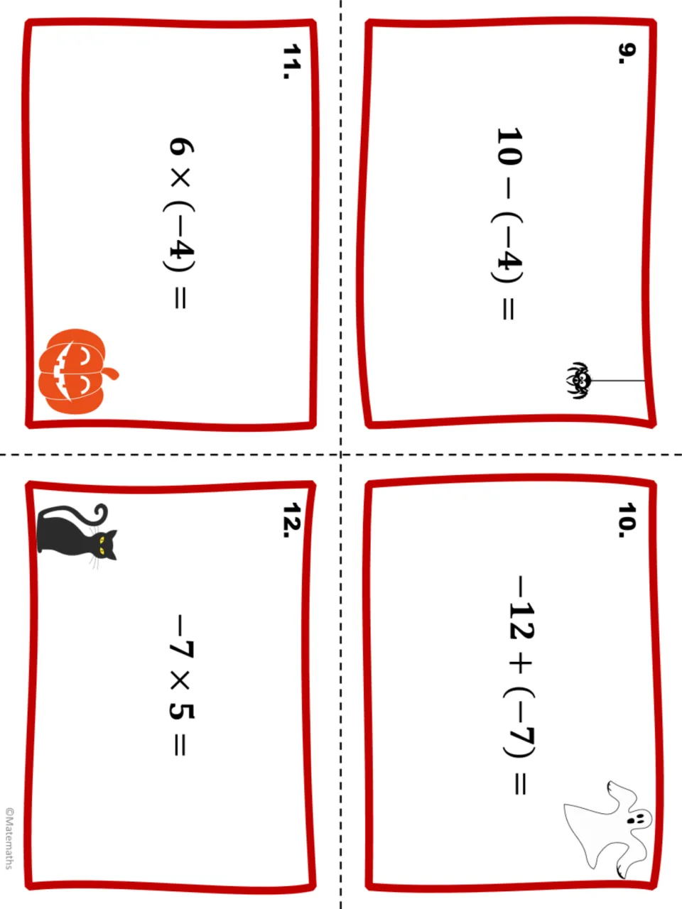Halloween integer task cards 9–12 of 20: solve 10 − (−4), −12 + (−7), 6 × (−4), and −7 × 5.