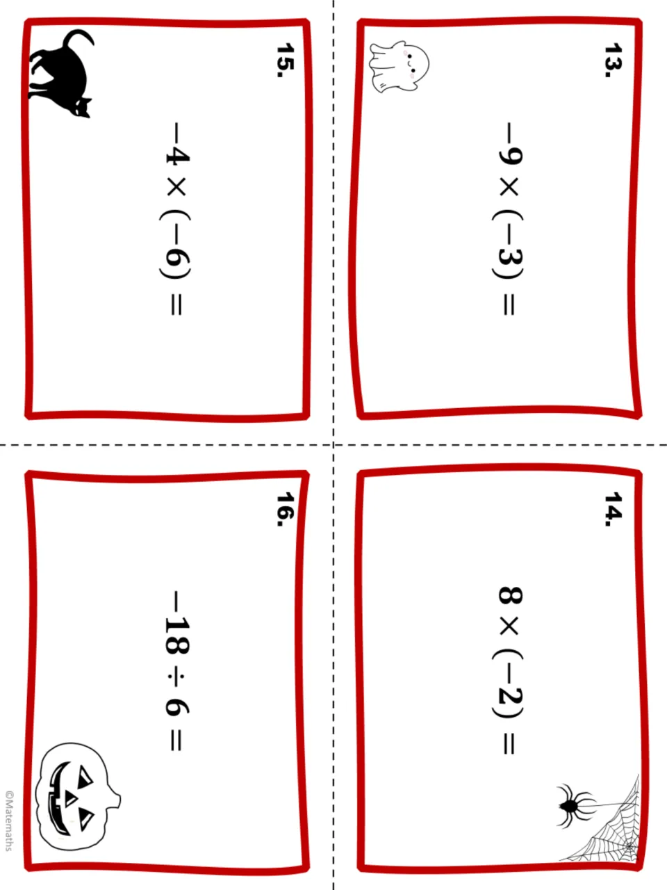 Halloween integer task cards 13–16 of 20: solve −9 × (−3), 8 × (−2), −4 × (−6), and −18 ÷ 6.
