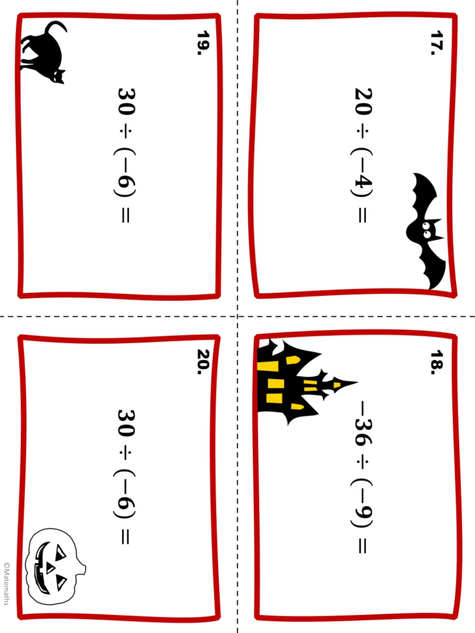 Halloween integer task cards 17–20 of 20: divide 20 ÷ (−4), −36 ÷ (−9), and 30 ÷ (−6), shown twice.