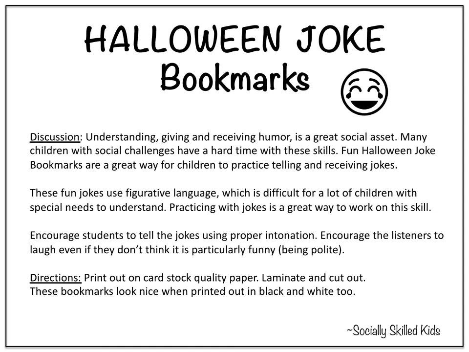 Halloween Joke Bookmarks title page: teacher notes on humor, figurative language, polite listening and printing