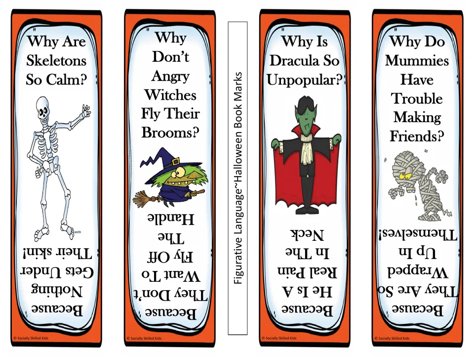Figurative language bookmarks: four Halloween riddles on skeletons, witches, Dracula and mummies with idiom punchlines