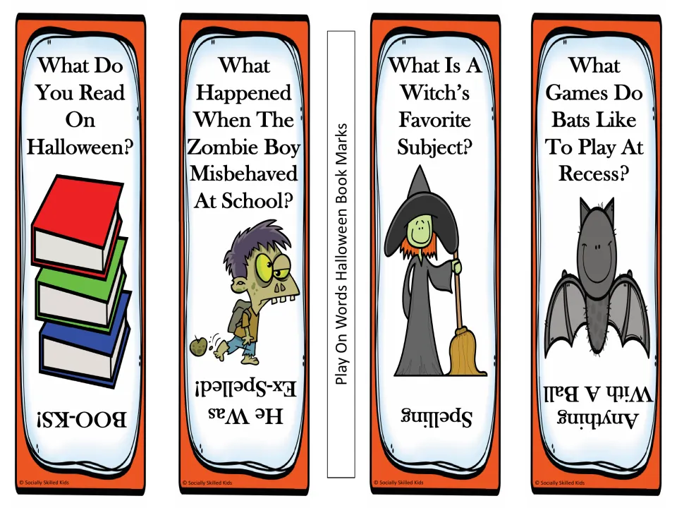 Play on words bookmarks: four Halloween puns about books, a zombie boy, a witch's favorite subject and bats at recess