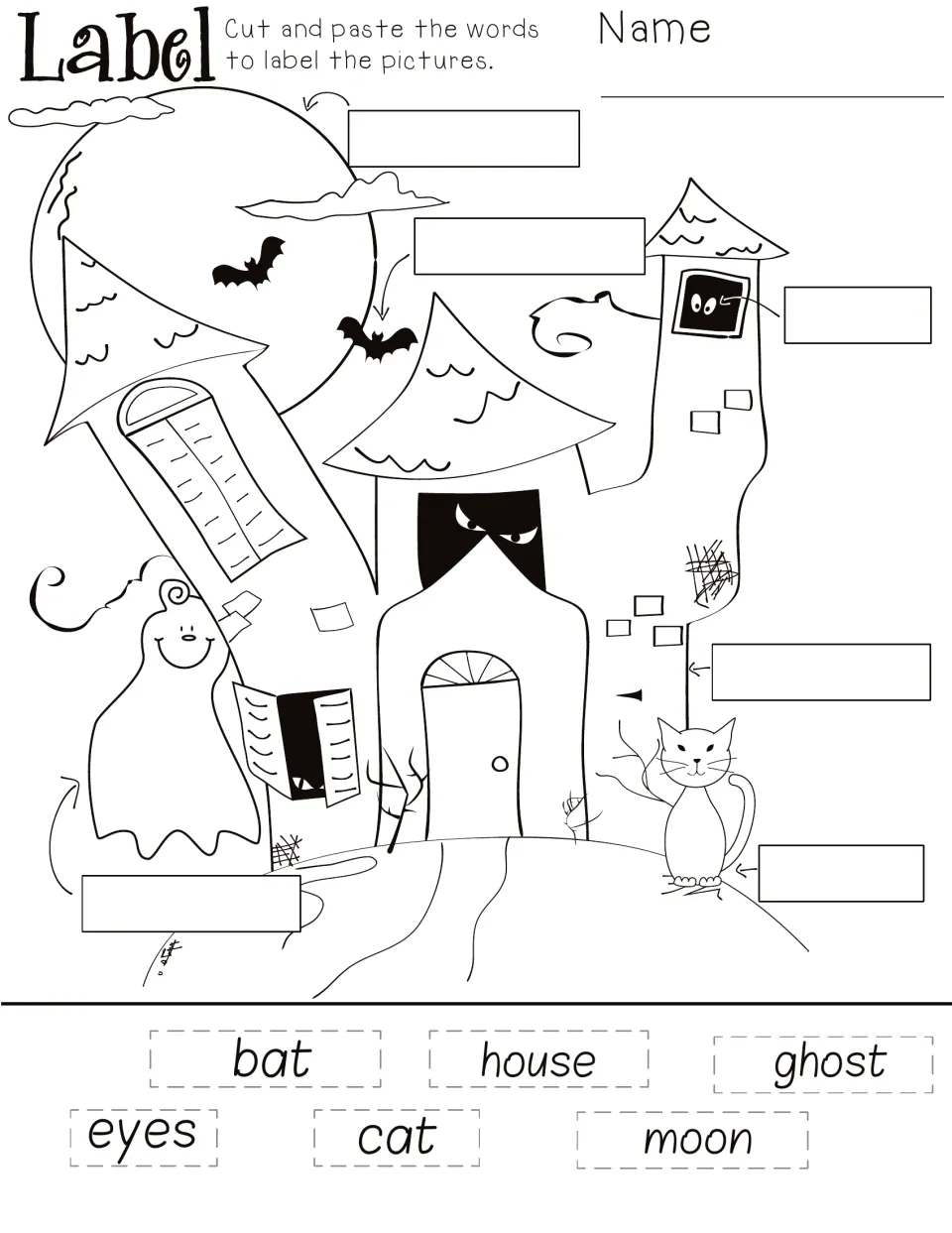 Cut-and-paste vocabulary labeling page for a Halloween scene: bat, house, ghost, eyes, cat, and moon.