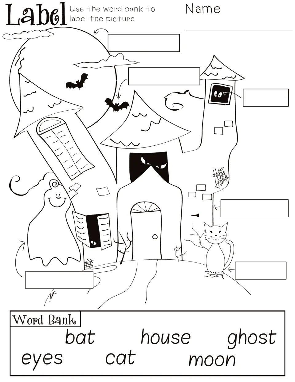 Word-bank vocabulary labeling page for the same Halloween scene: bat, house, ghost, eyes, cat, and moon.
