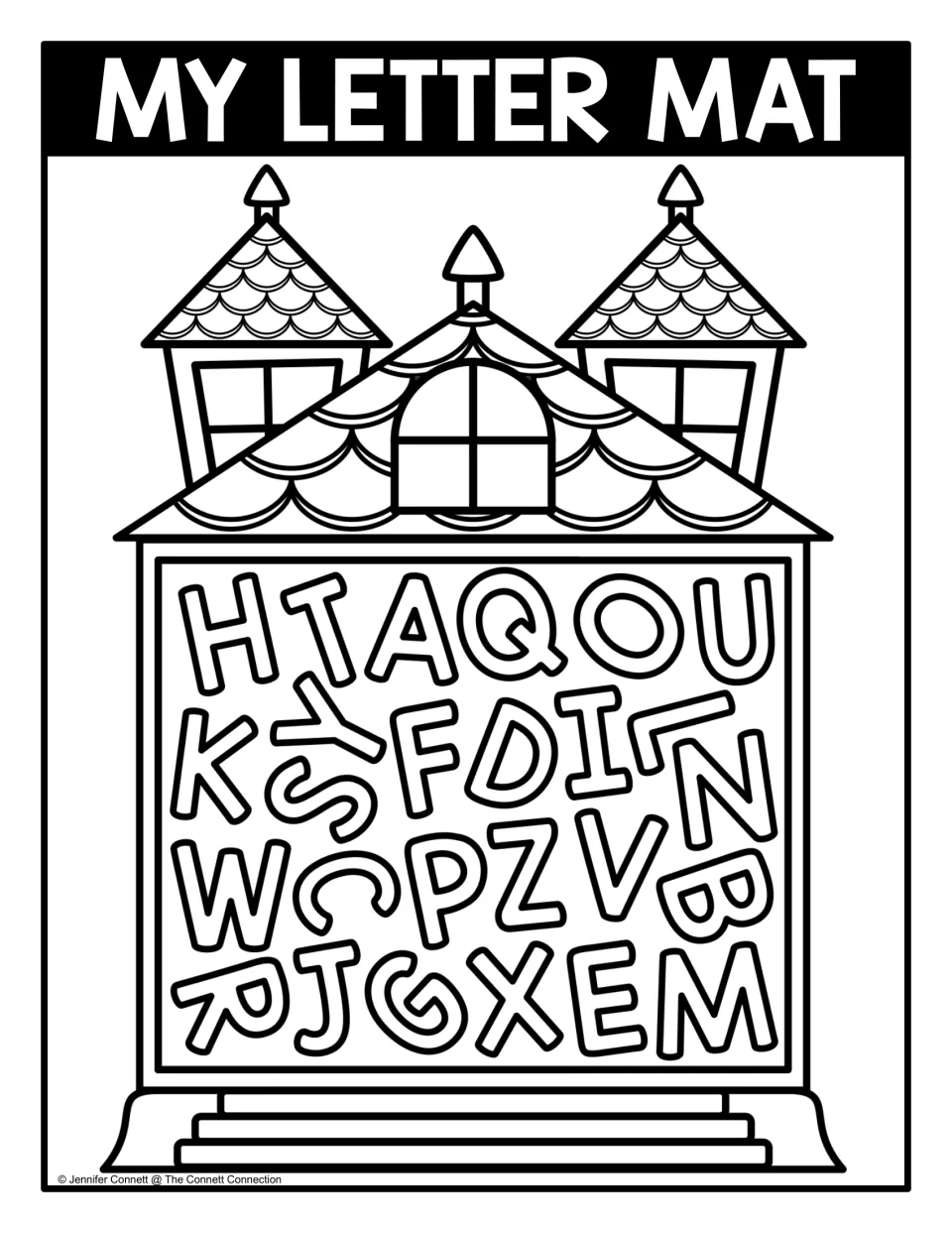 Black-and-white uppercase seek-and-find mat headed 'MY LETTER MAT,' with scattered letters A–Z to identify