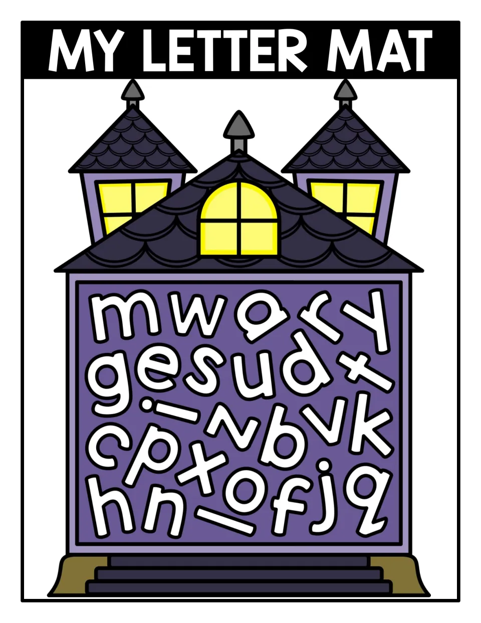 Color lowercase letter recognition mat headed 'MY LETTER MAT,' with scattered letters a–z to find and trace