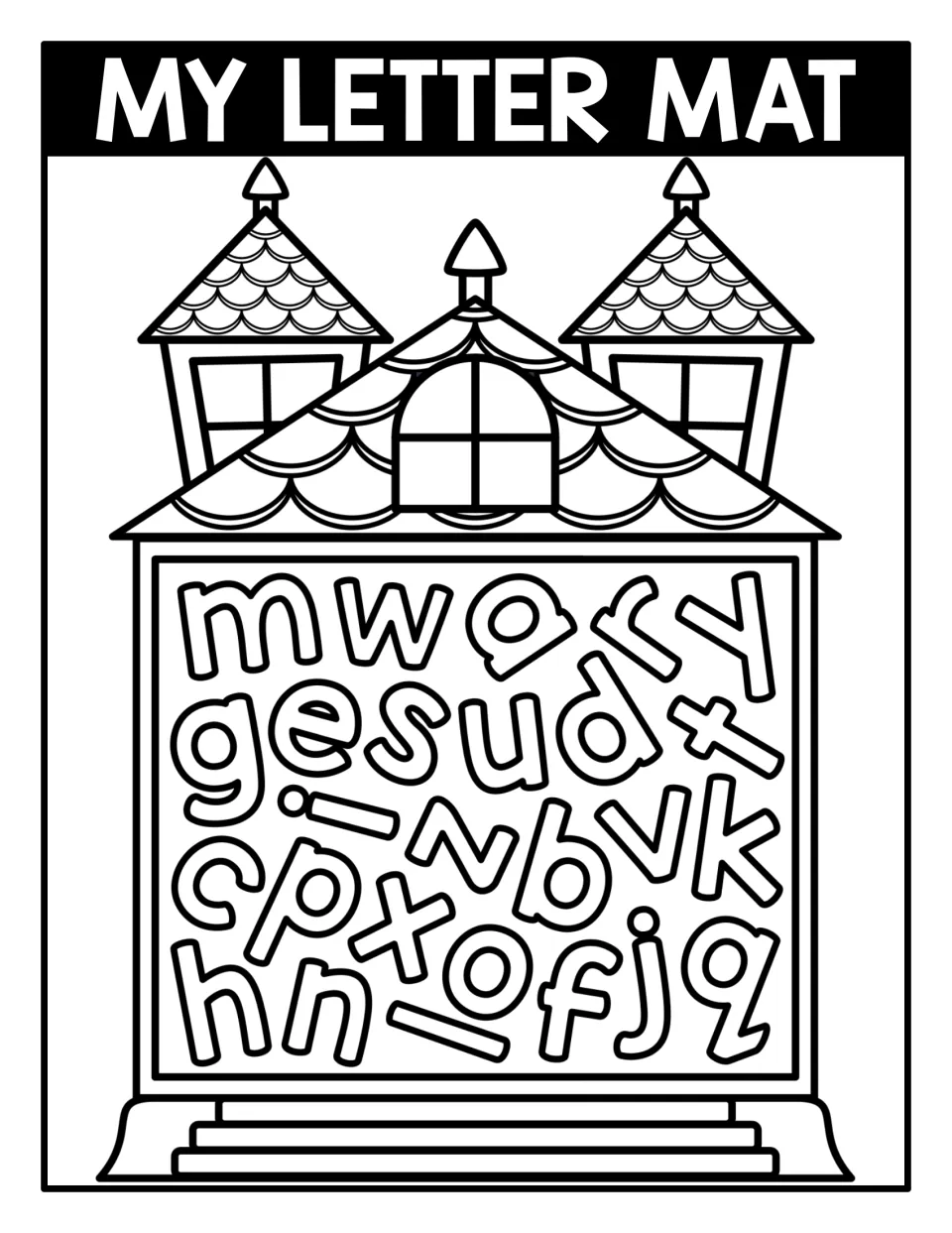 Black-and-white lowercase seek-and-find mat headed 'MY LETTER MAT,' with scattered letters a–z to identify