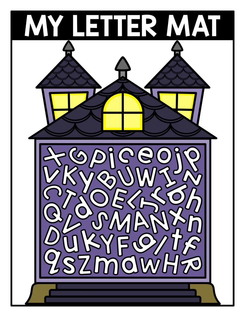 Color mixed-case seek-and-find mat headed 'MY LETTER MAT,' combining scattered uppercase and lowercase letters