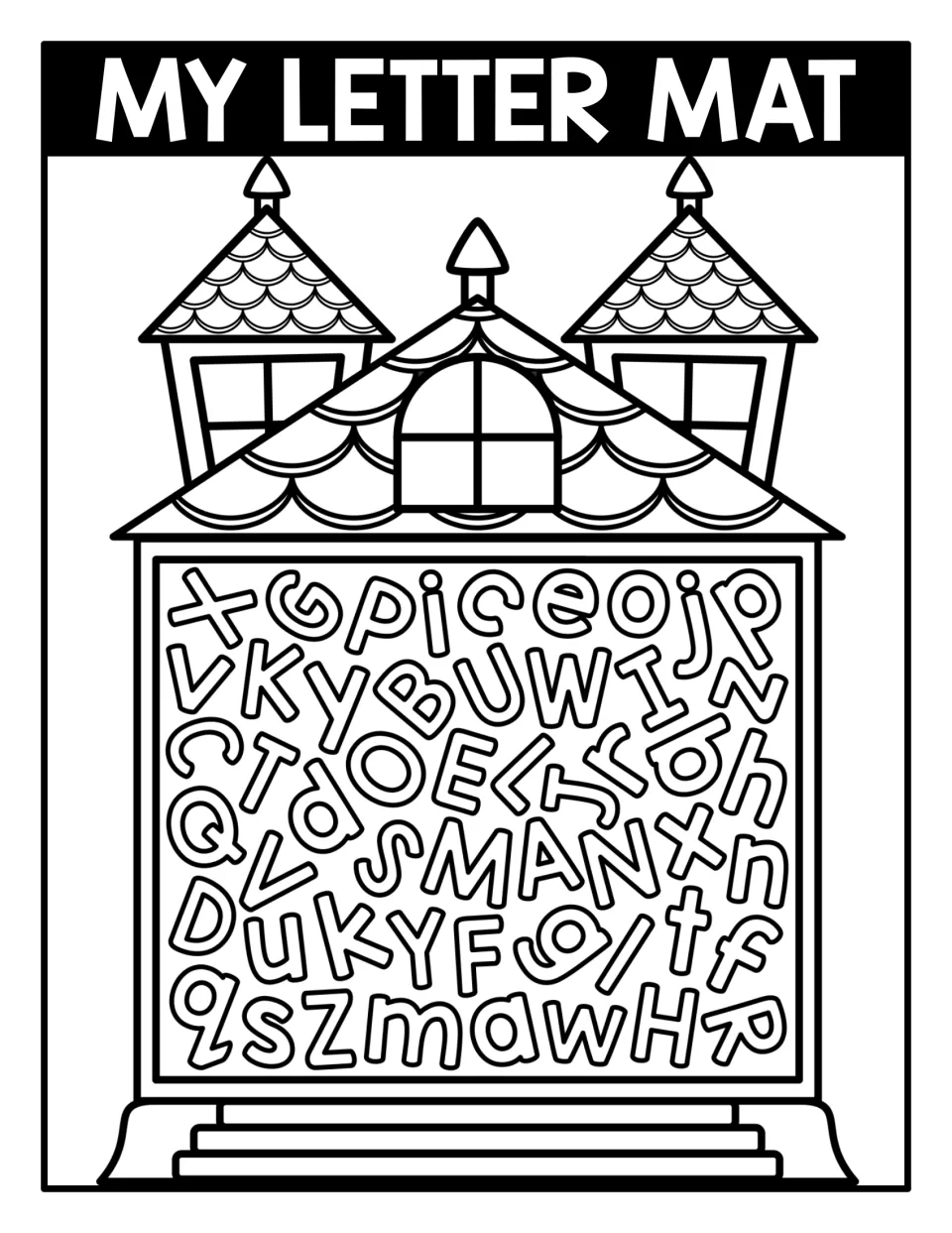 Black-and-white mixed-case letter recognition mat headed 'MY LETTER MAT,' with uppercase and lowercase letters