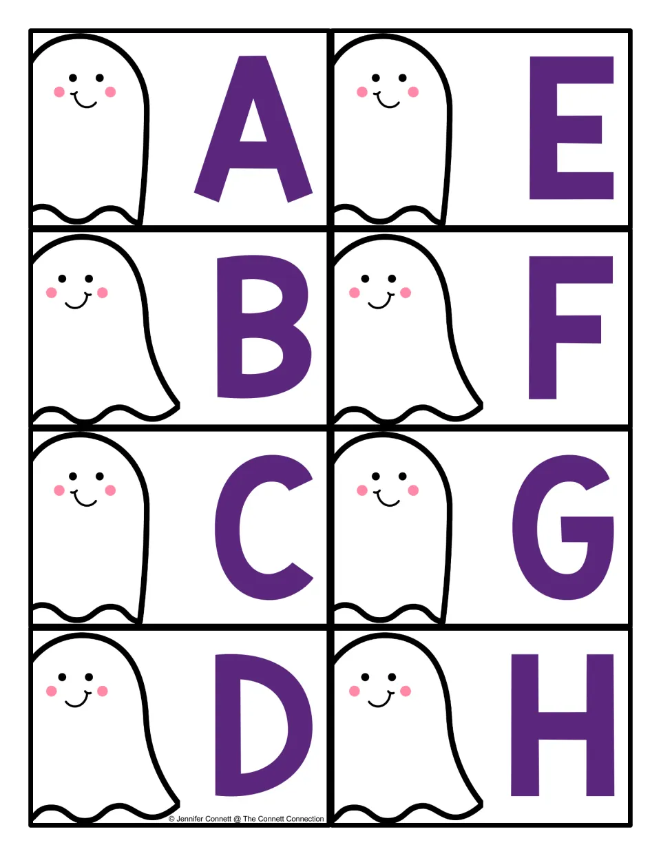 Halloween letter recognition cards A–H: eight uppercase letters for the resource's letter hunts and matching
