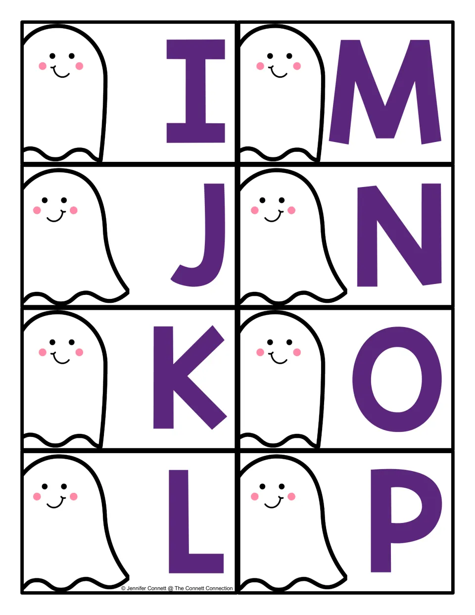 Halloween letter recognition cards I–P: eight uppercase letters for the resource's letter hunts and matching
