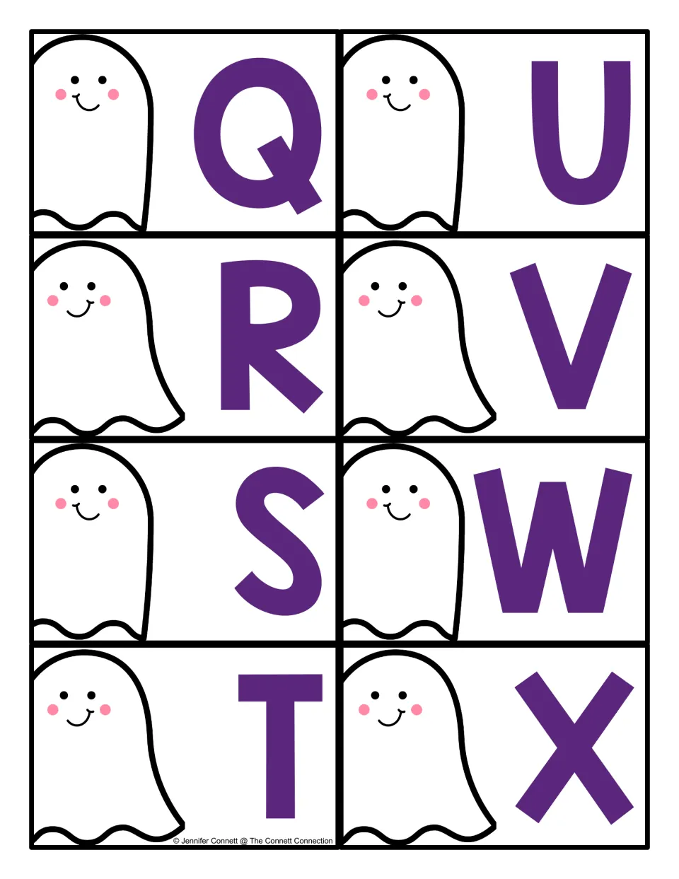 Halloween letter recognition cards Q–X: eight uppercase letters for the resource's letter hunts and matching