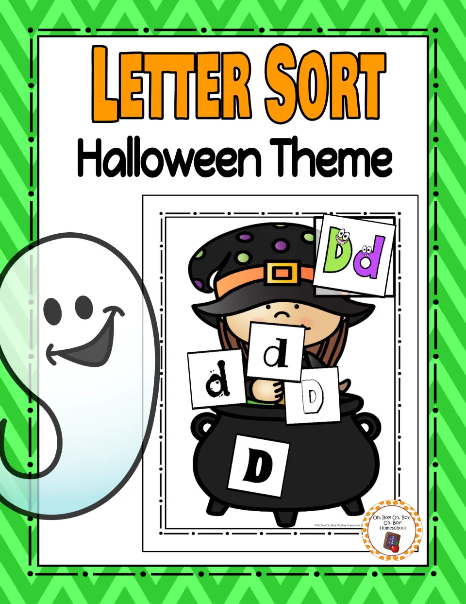 Cover of Halloween Letter Sort showing a witch-and-cauldron mat with uppercase and lowercase D cards
