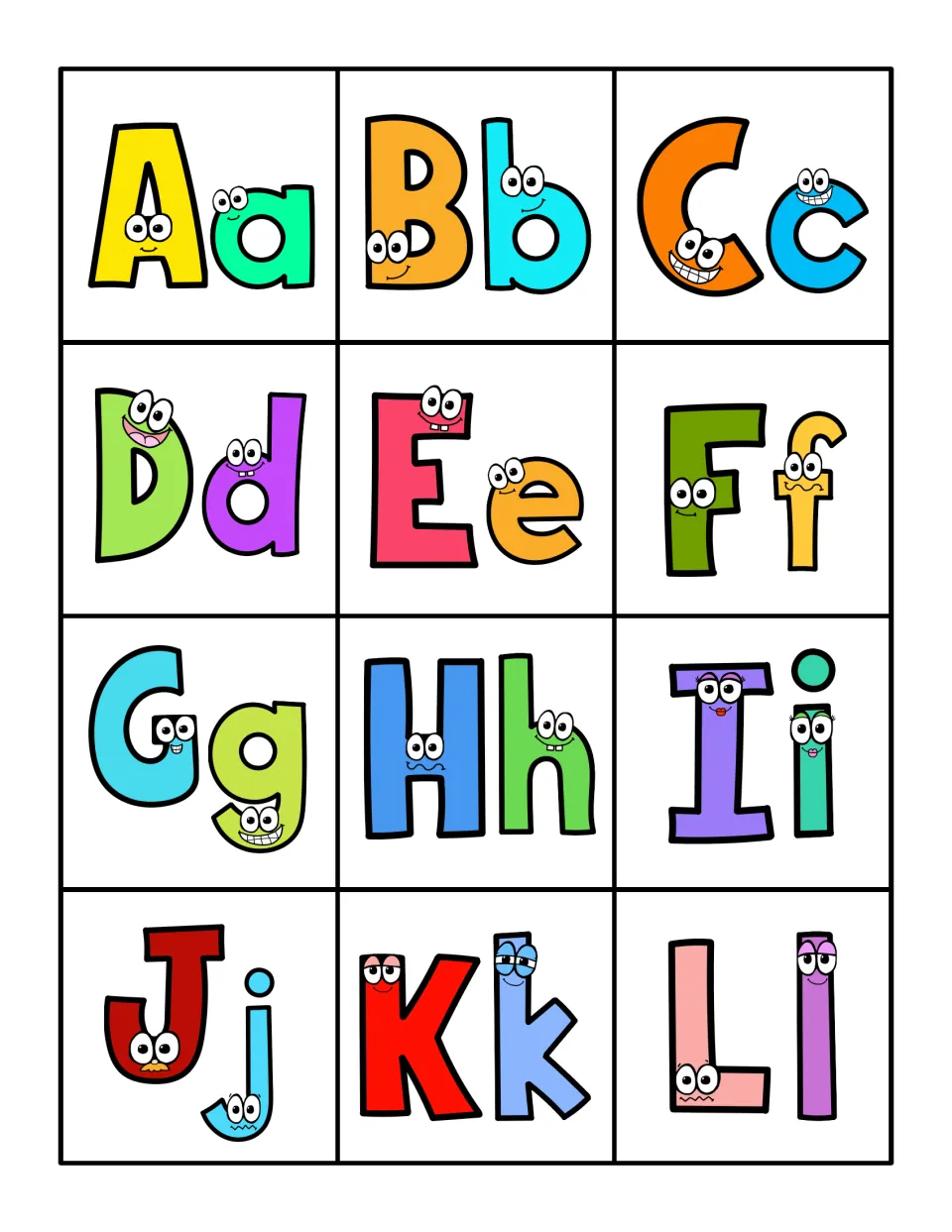 Alphabet reference cards A–L, each pairing a colorful uppercase and lowercase letter for the sorting mat