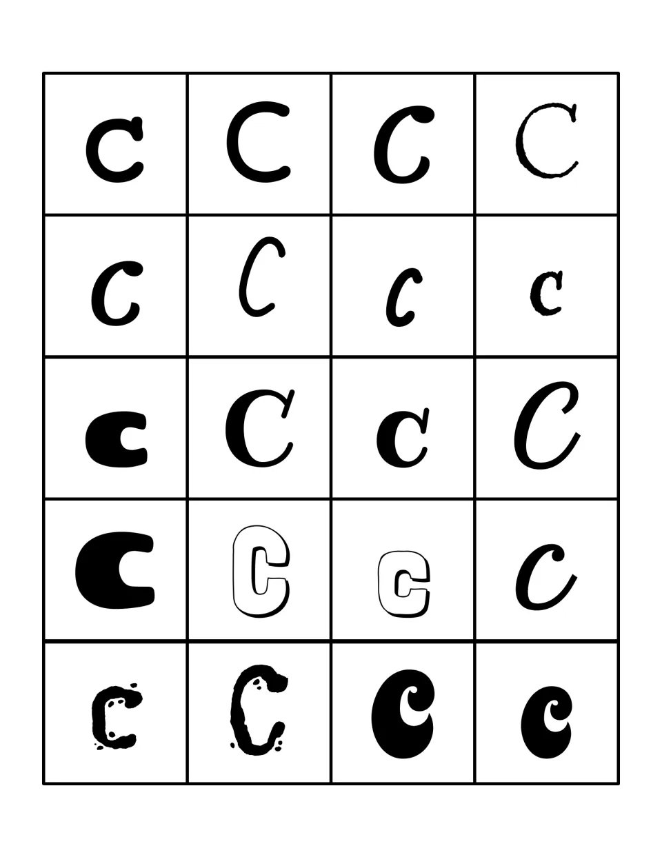Twenty letter C sorting cards show uppercase C and lowercase c in different fonts to match on the mat