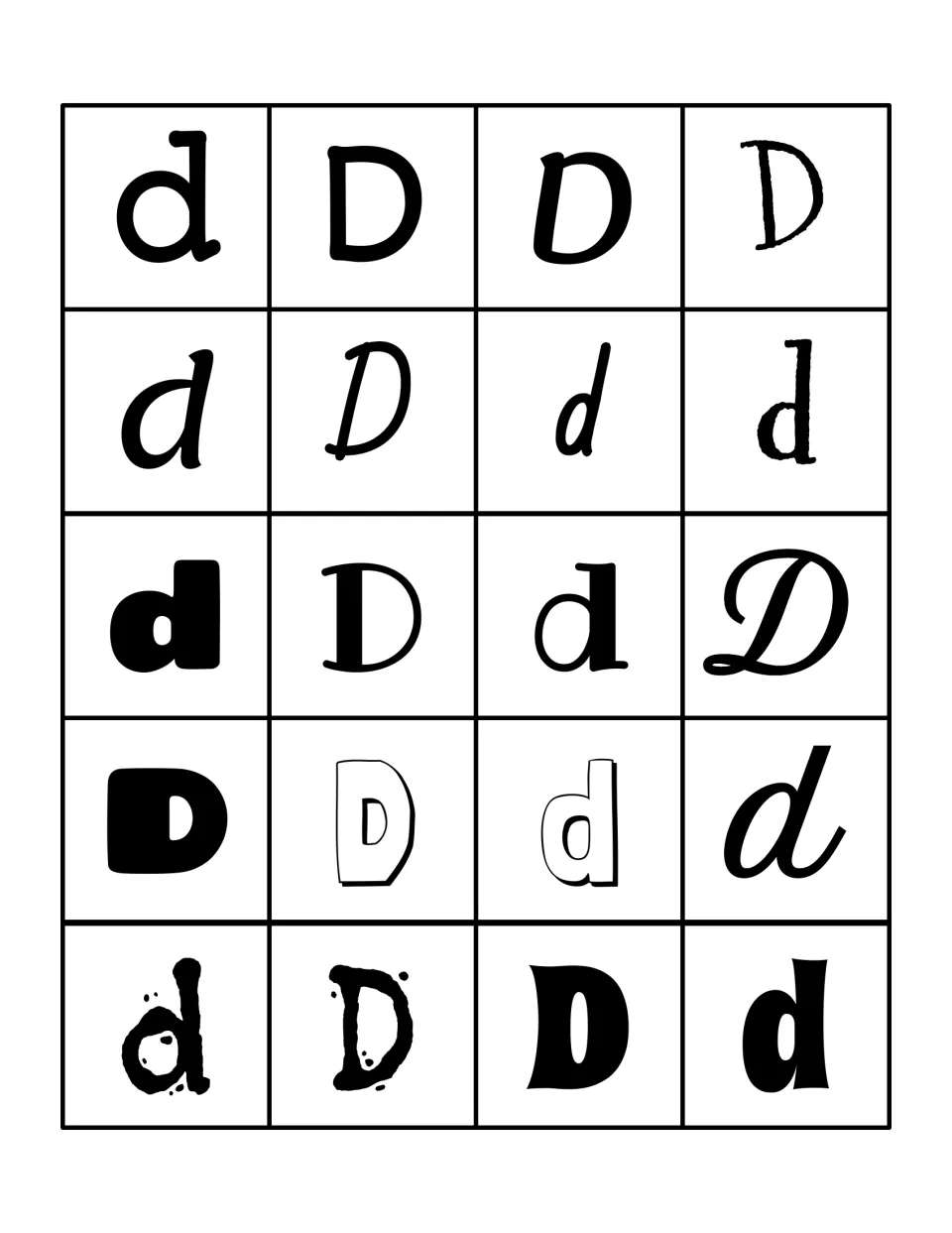 Twenty letter D sorting cards show uppercase D and lowercase d in different fonts to match on the mat