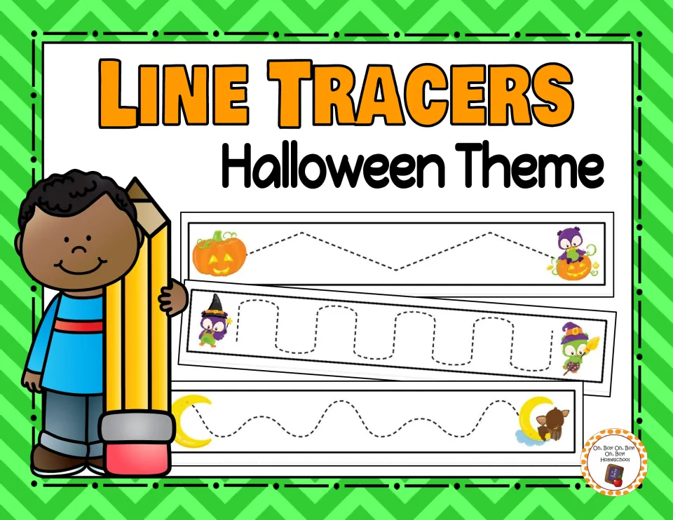 Cover labeled 'Line Tracers Halloween Theme' showing samples of zigzag, rounded-step, and wavy tracing paths