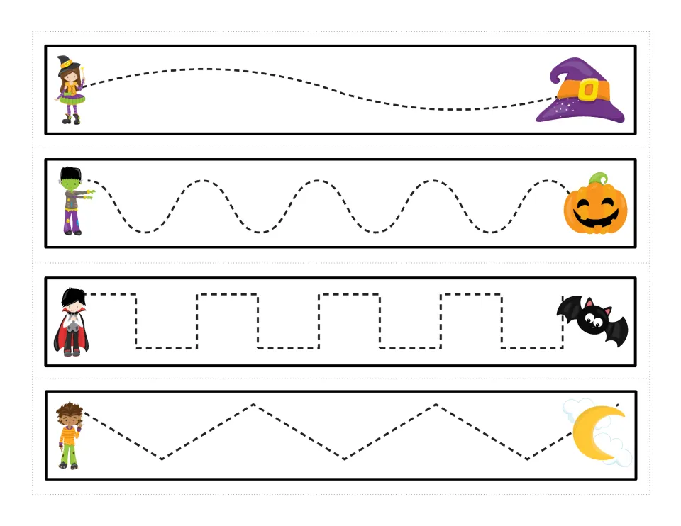Tracing cards 1–4 of 12: gentle curves, waves, square steps, and zigzags connecting Halloween pictures