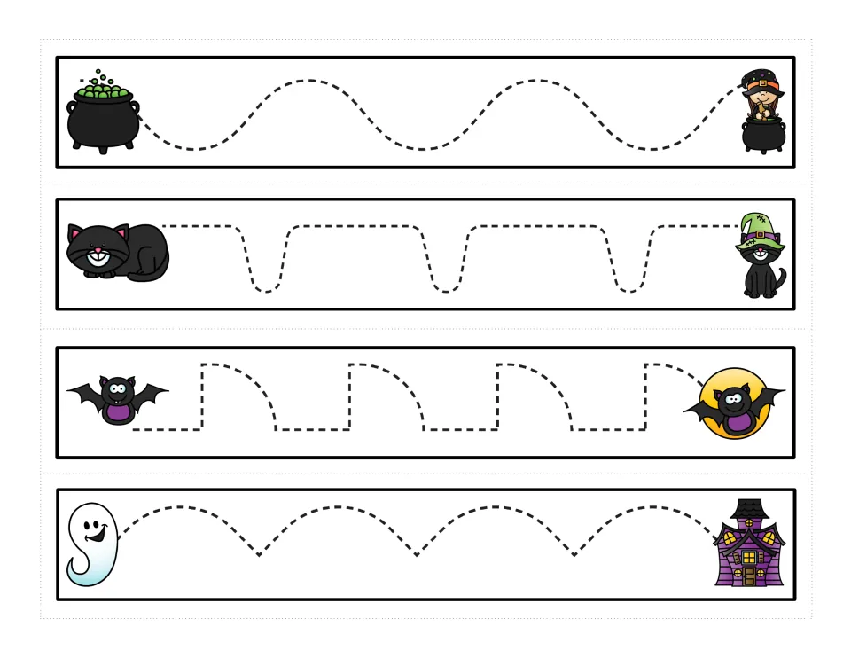 Tracing cards 5–8 of 12: waves, rounded dips, curved steps, and arches connecting Halloween pictures