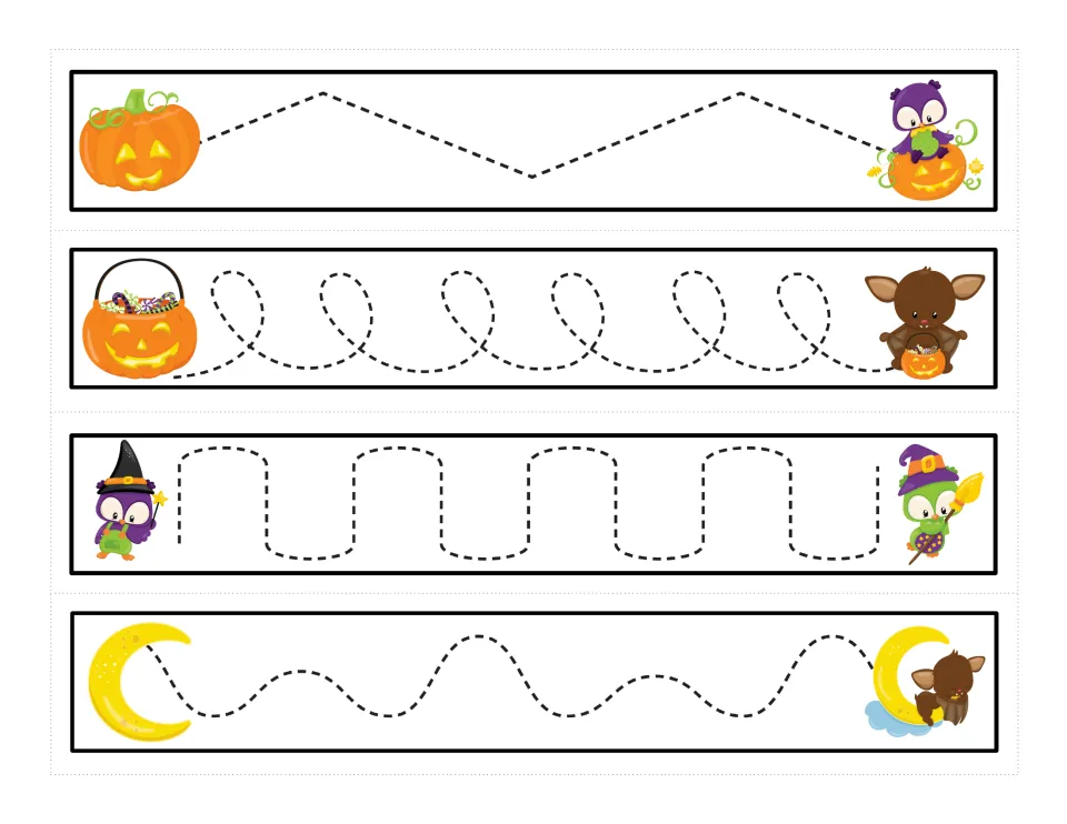 Tracing cards 9–12 of 12: zigzags, loops, rounded steps, and uneven waves connecting Halloween pictures