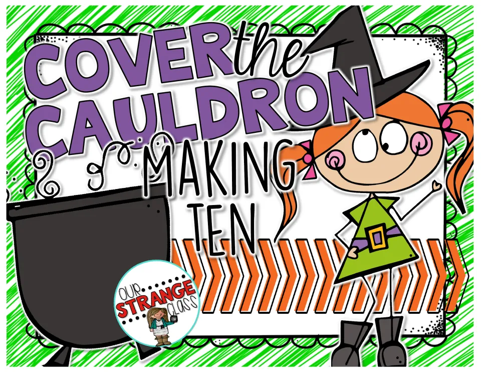 Cover the Cauldron Making Ten cover: a Halloween addition game shown with a cartoon witch and a black cauldron