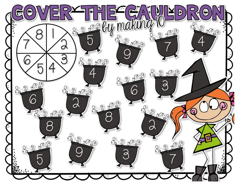 Making 10 game board: a 1 to 8 spinner and 16 numbered cauldrons; students cover the partner number that makes ten