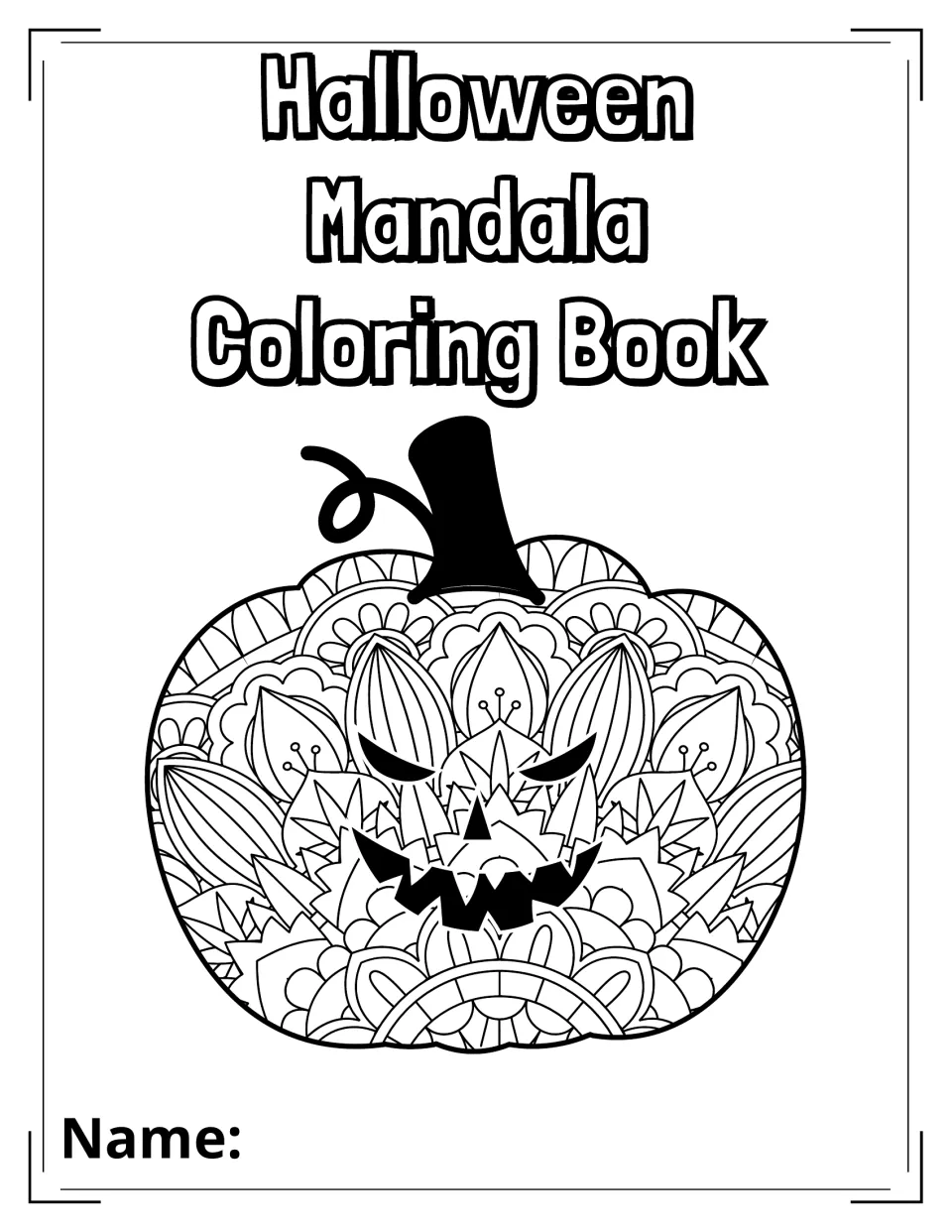 Cover of the Halloween Mandala Coloring Book: grinning jack-o'-lantern filled with flower mandala patterns and a Name line