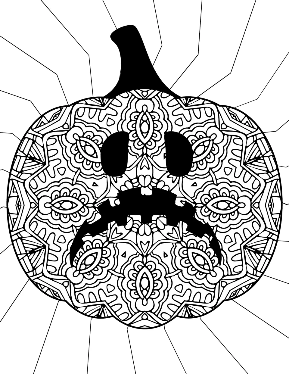 Frowning jack-o'-lantern coloring page: students color a pumpkin filled with paisley mandala designs and a jagged mouth