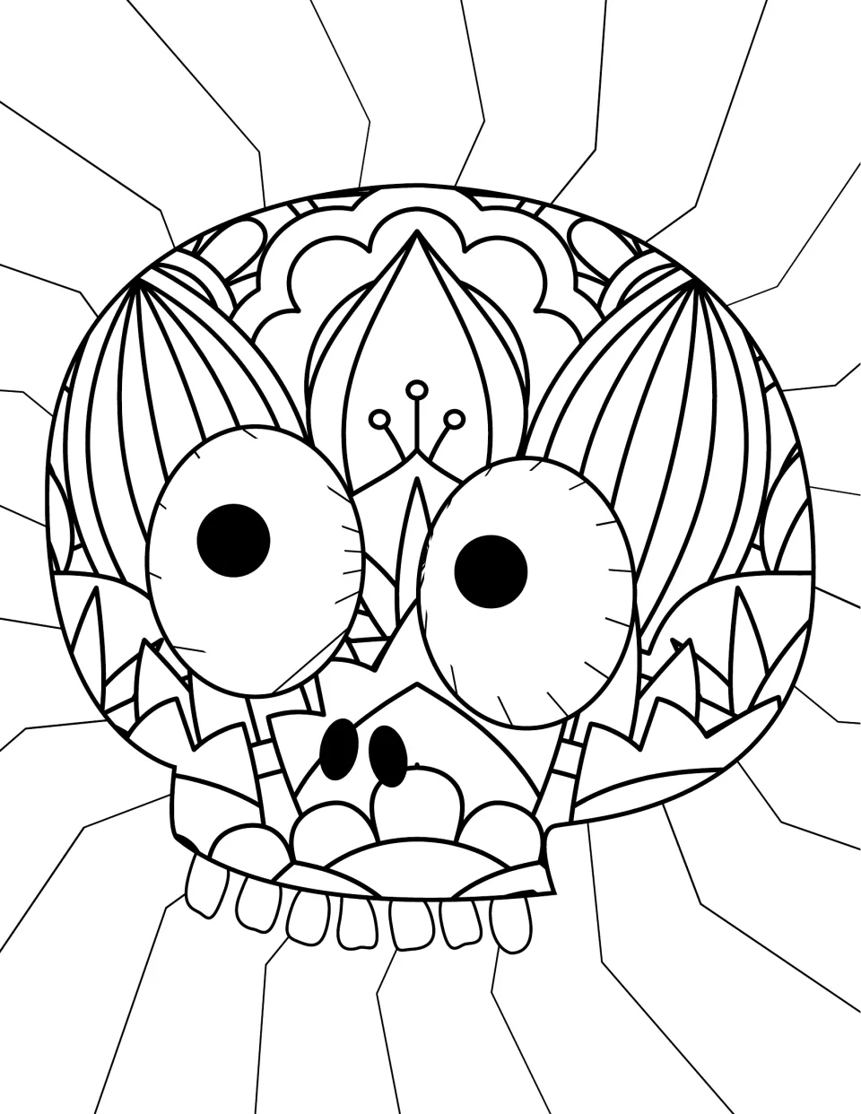Skull coloring page: students color a wide-eyed cartoon skull decorated with petal and leaf mandala shapes and teeth