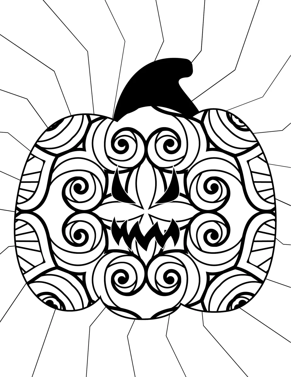 Swirl pumpkin coloring page: students color a jack-o'-lantern made of spiral patterns with slanted eyes and a zigzag grin