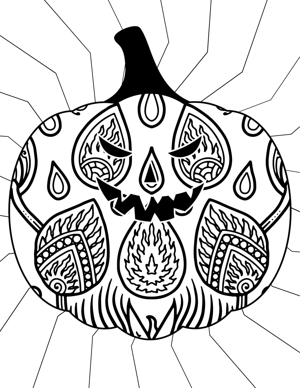 Flame pumpkin coloring page: students color a jack-o'-lantern with teardrop shapes and fire designs around its grin