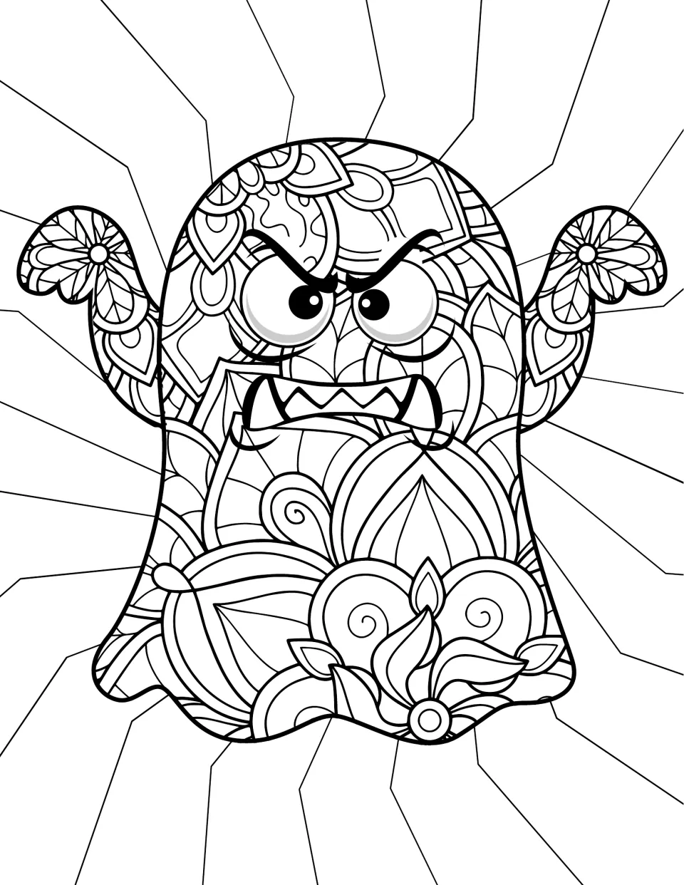 Angry ghost coloring page: students color a fanged ghost with raised arms, its body filled with flower mandala designs