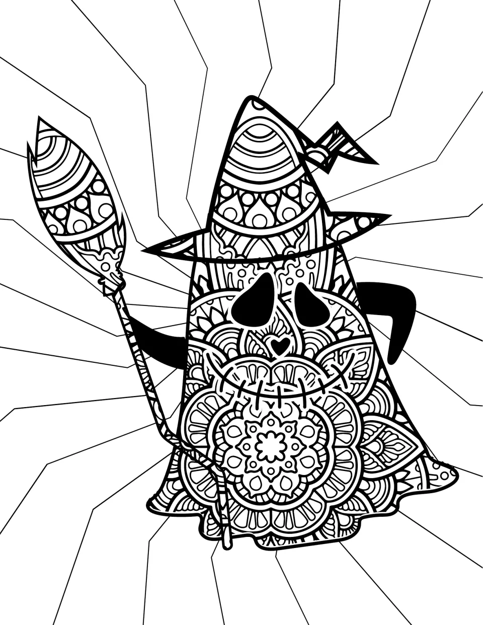 Witch ghost coloring page: students color a smiling ghost in a witch hat holding a broom, filled with mandala flowers