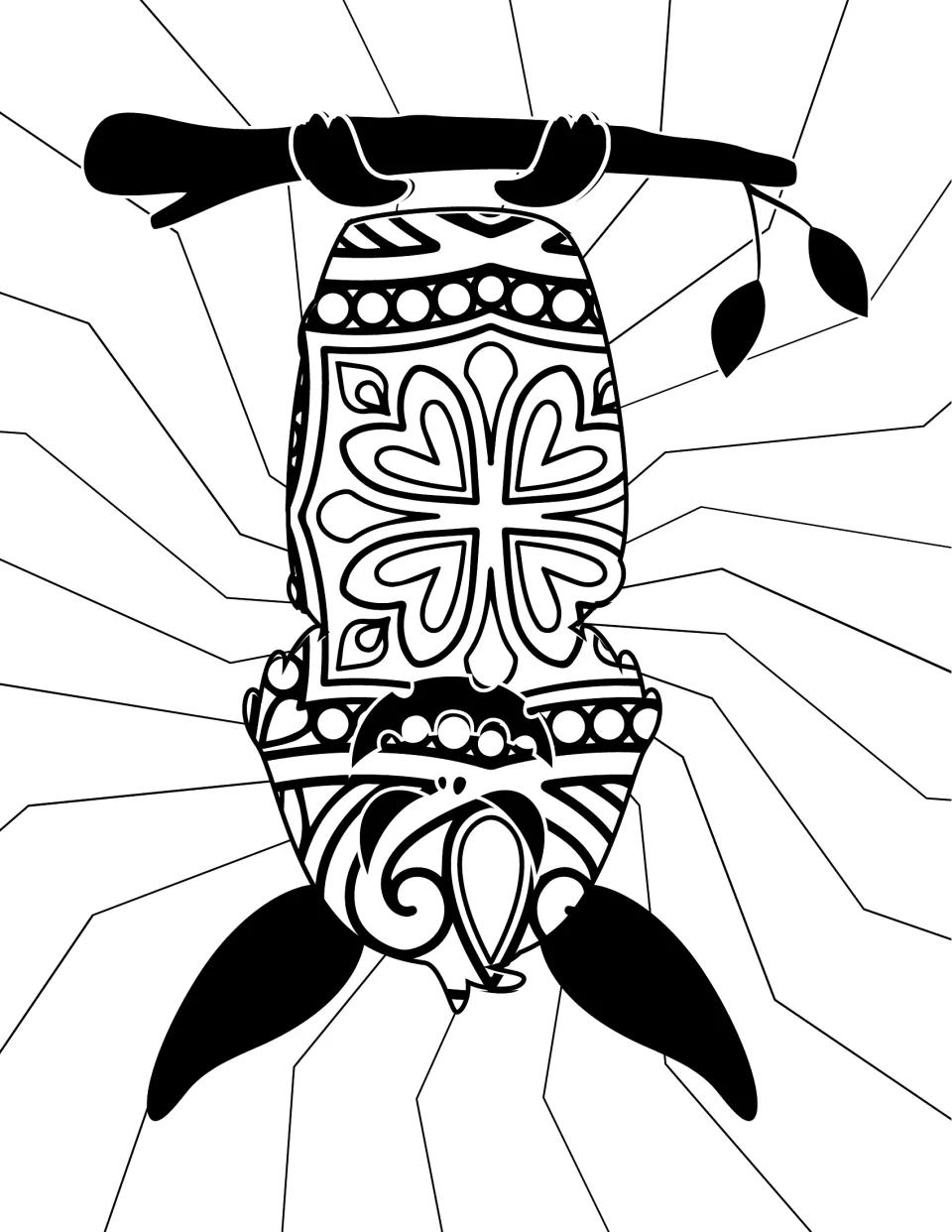 Hanging bat coloring page: students color a bat upside down on a branch, its body patterned with hearts, dots and swirls