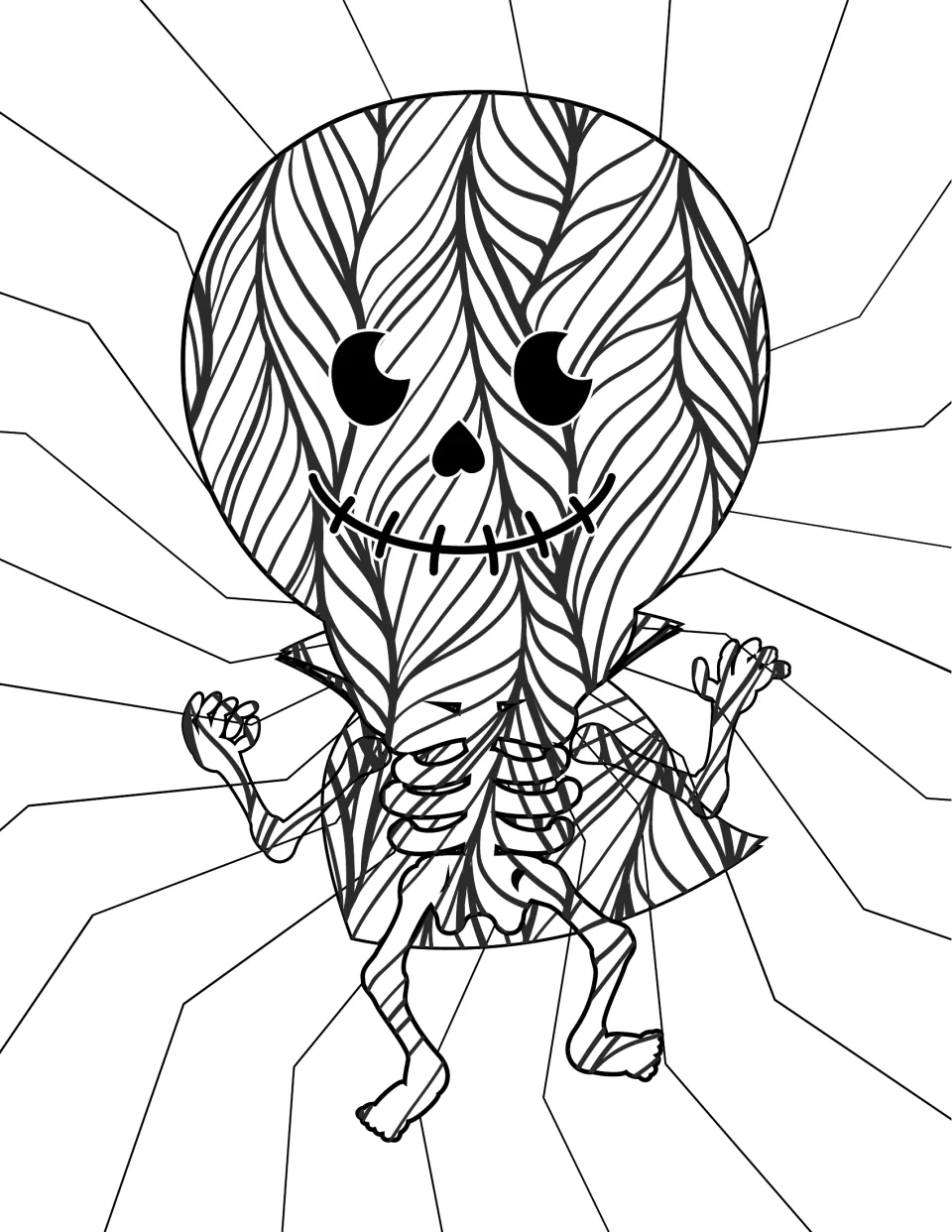 Skeleton in a cape coloring page: students color a big-headed smiling skeleton covered in flowing braided leaf patterns