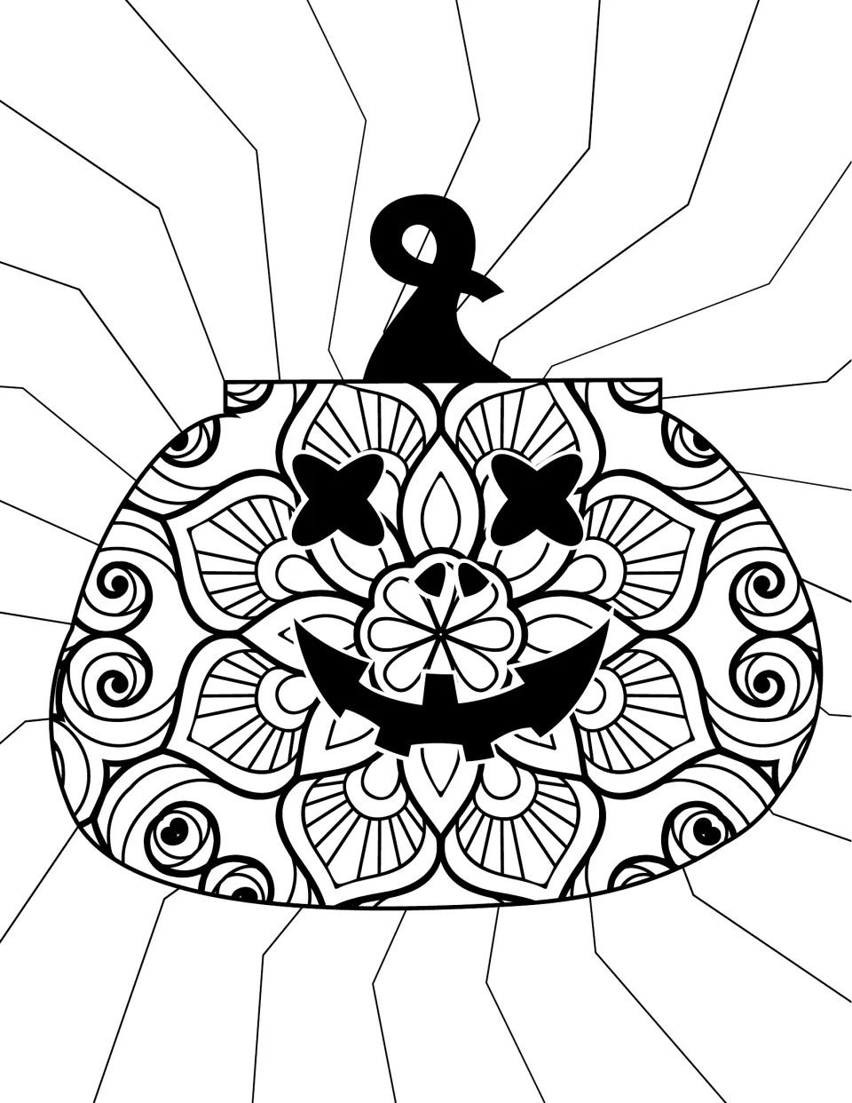 Happy pumpkin coloring page: students color a jack-o'-lantern with X eyes and a grin set in a flower mandala with spirals