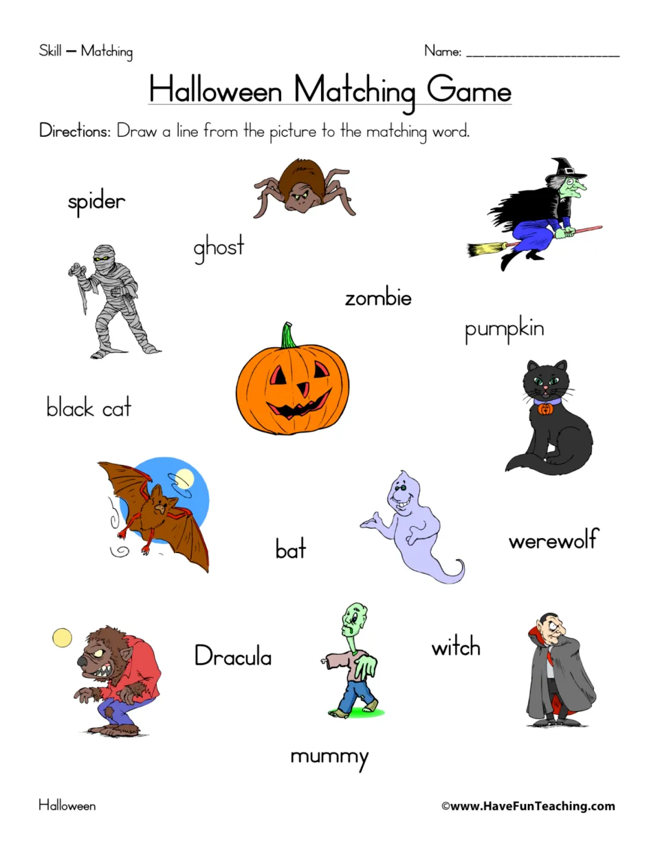Halloween Matching Game: students draw lines matching 10 pictures, like a witch, bat and mummy, to their word labels