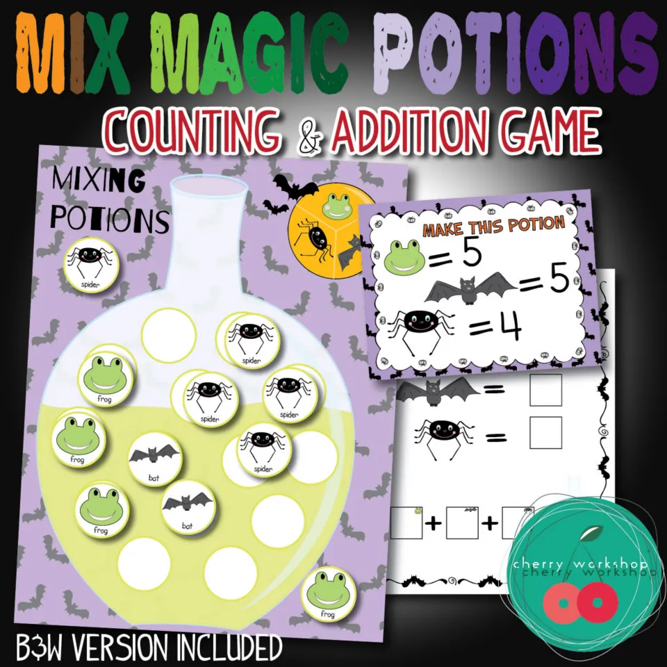 Mix Magic Potions counting and addition game cover: potion bottle board, recipe card, frog, bat and spider counters