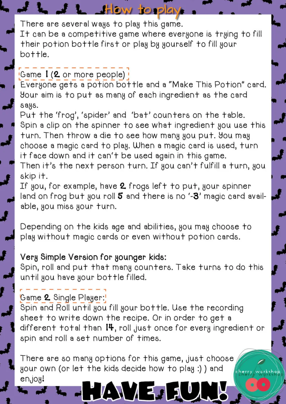 How to play: rules for a 2-or-more-player game, a very simple version for younger kids, and a single-player recording game