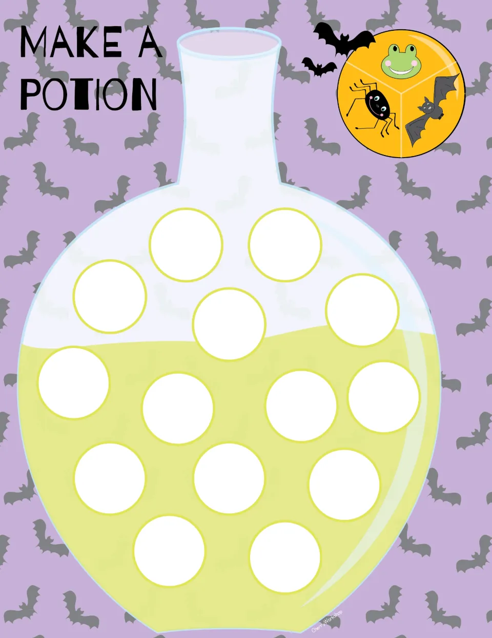 Make a Potion board: students spin for frog, spider or bat and roll a die to fill 14 bottle circles with counters