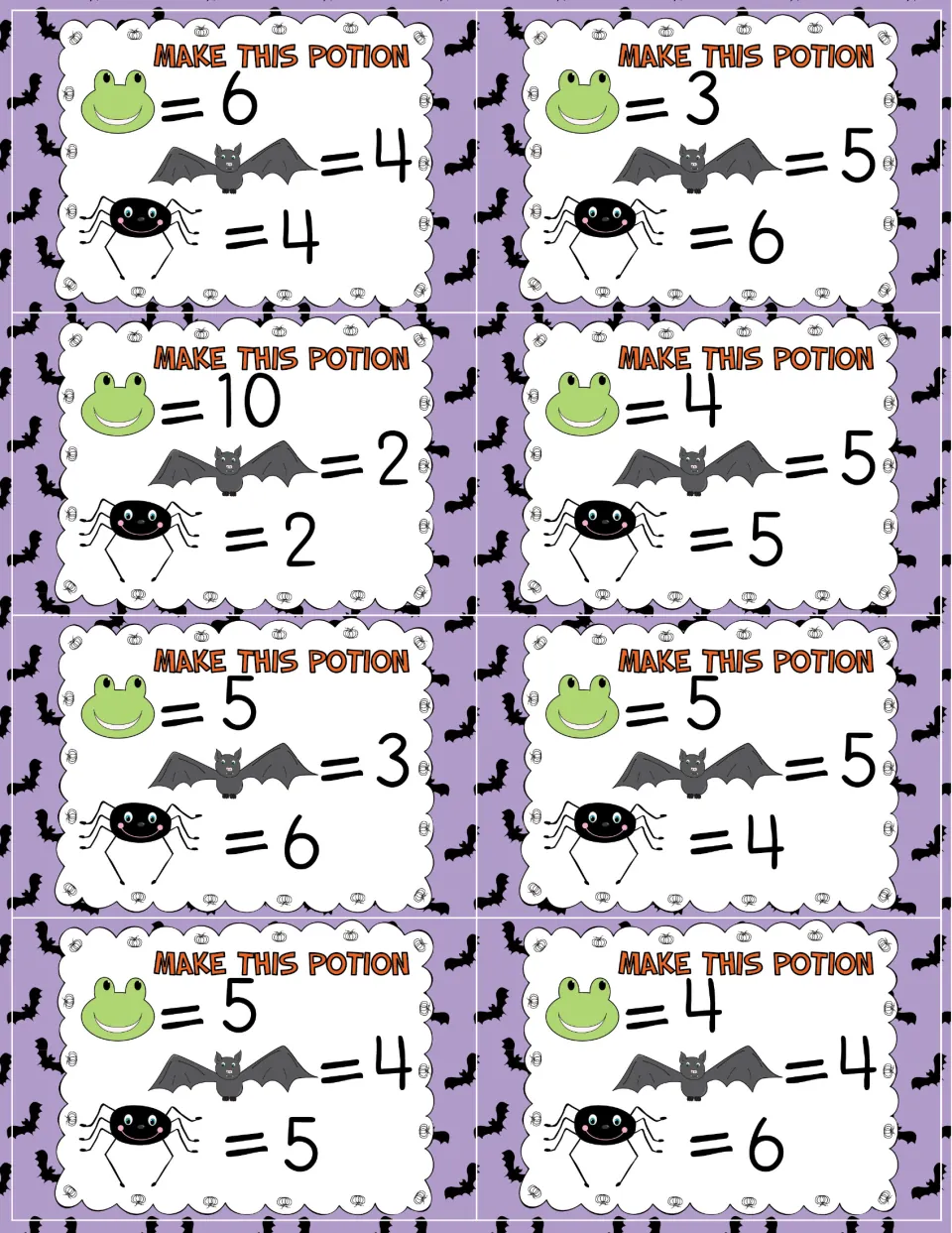 Make This Potion recipe cards: 8 cards giving how many frogs, bats and spiders to collect, such as 6, 4 and 4