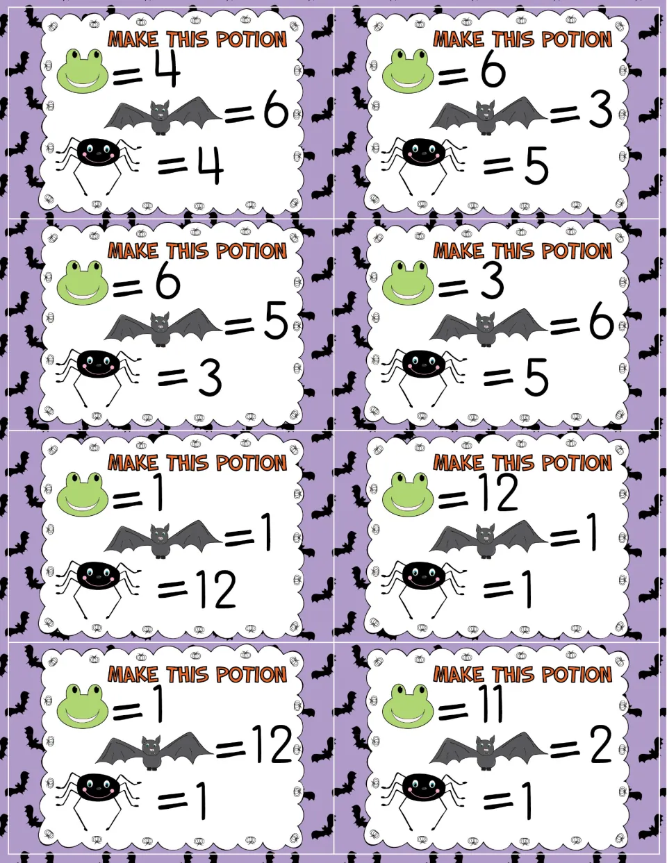 More potion recipe cards: 8 frog, bat and spider targets including 1, 1 and 12 or 11, 2 and 1 for counting practice