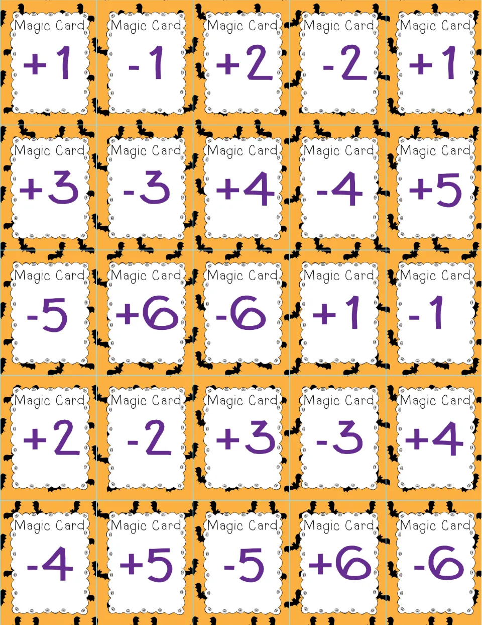 Magic Cards: 25 addition and subtraction cards from +1 to +6 and -1 to -6 that players use to adjust a die roll