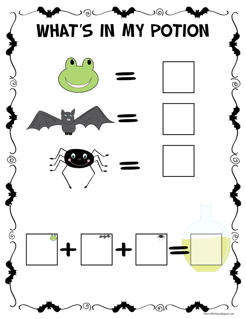 What's in My Potion recording sheet: students write frog, bat and spider counts, then add all three to find the total
